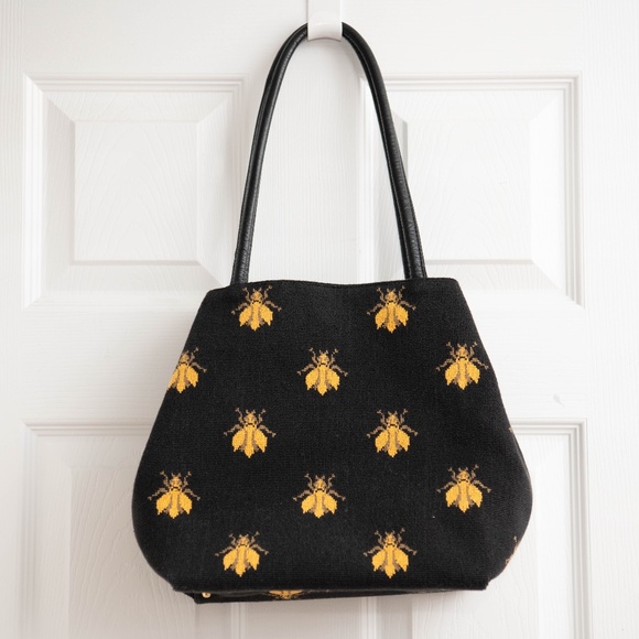 Zalo Vintage Needlepoint Tapestry Purse Black Yellow Bee / Beetle Pattern - Picture 1 of 5